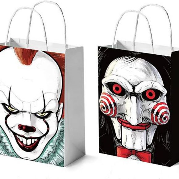 (2) SAW Puppet/IT PENNYWISE Clown Halloween Treat Bags Horror Paper Gift Bags - Picture 1 of 3